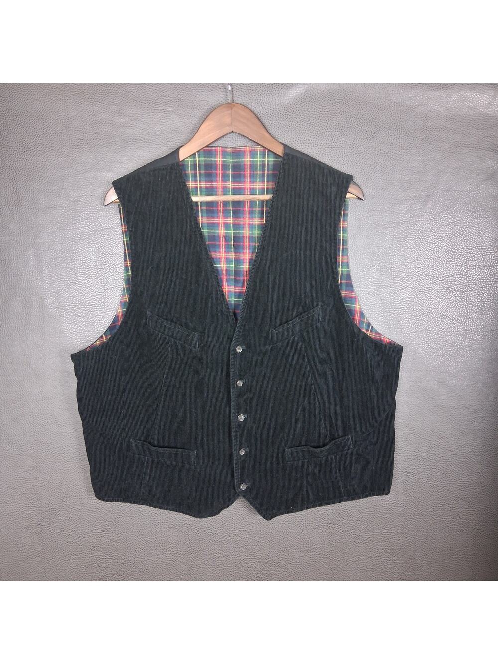 American Living Vest Mens XXL Corduroy Plaid Flannel Lined Pockets Cotton Black